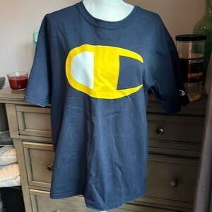 CHAMPION Navy Blue and Yellow T Shirt SZ M